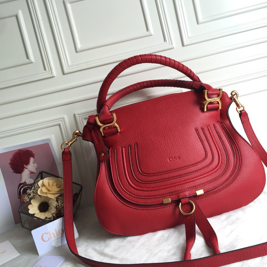 Chloe Large Marcie Bag In Red Grained Leather